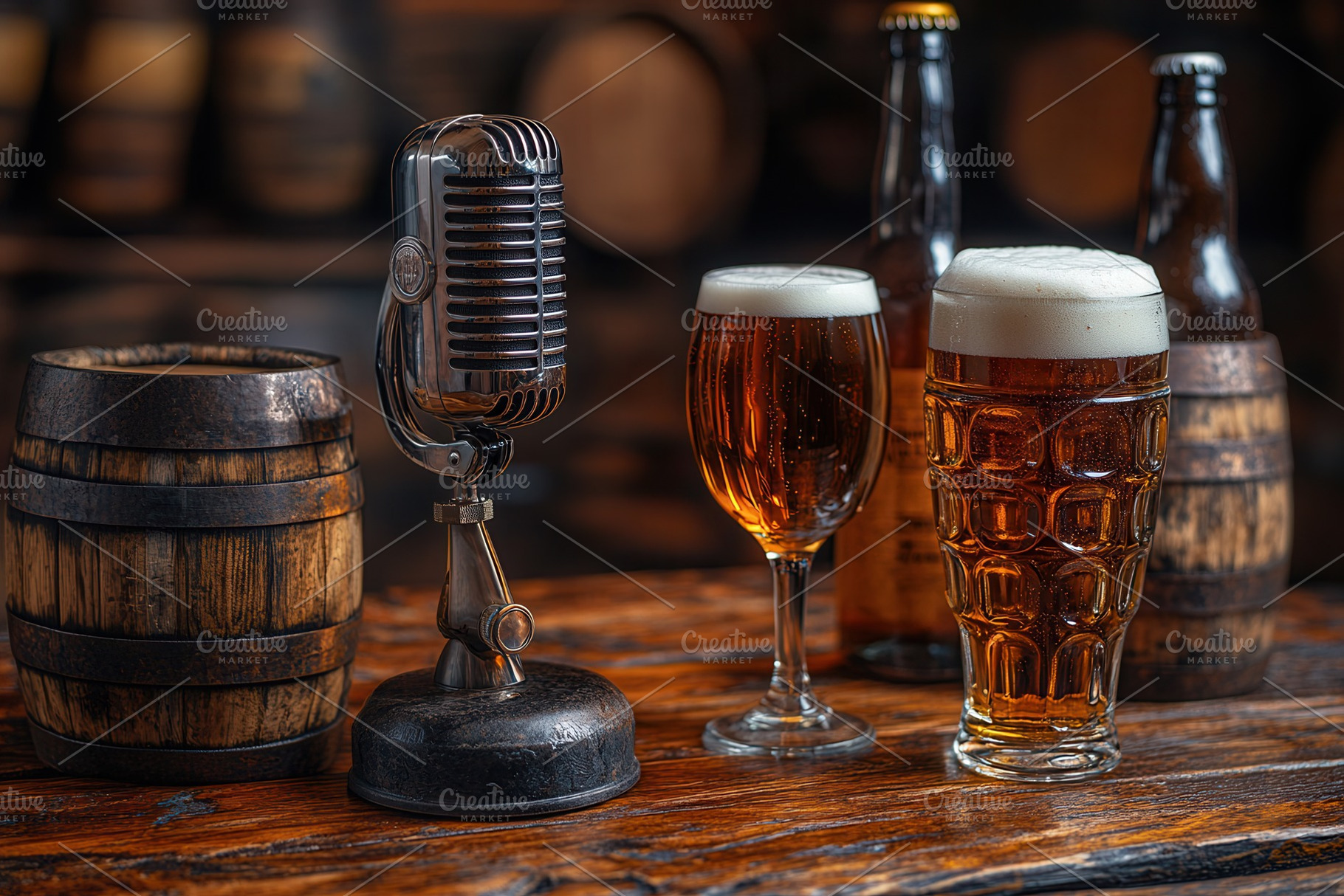 Vintage microphone and beer glasses, a Photo by Tanuart