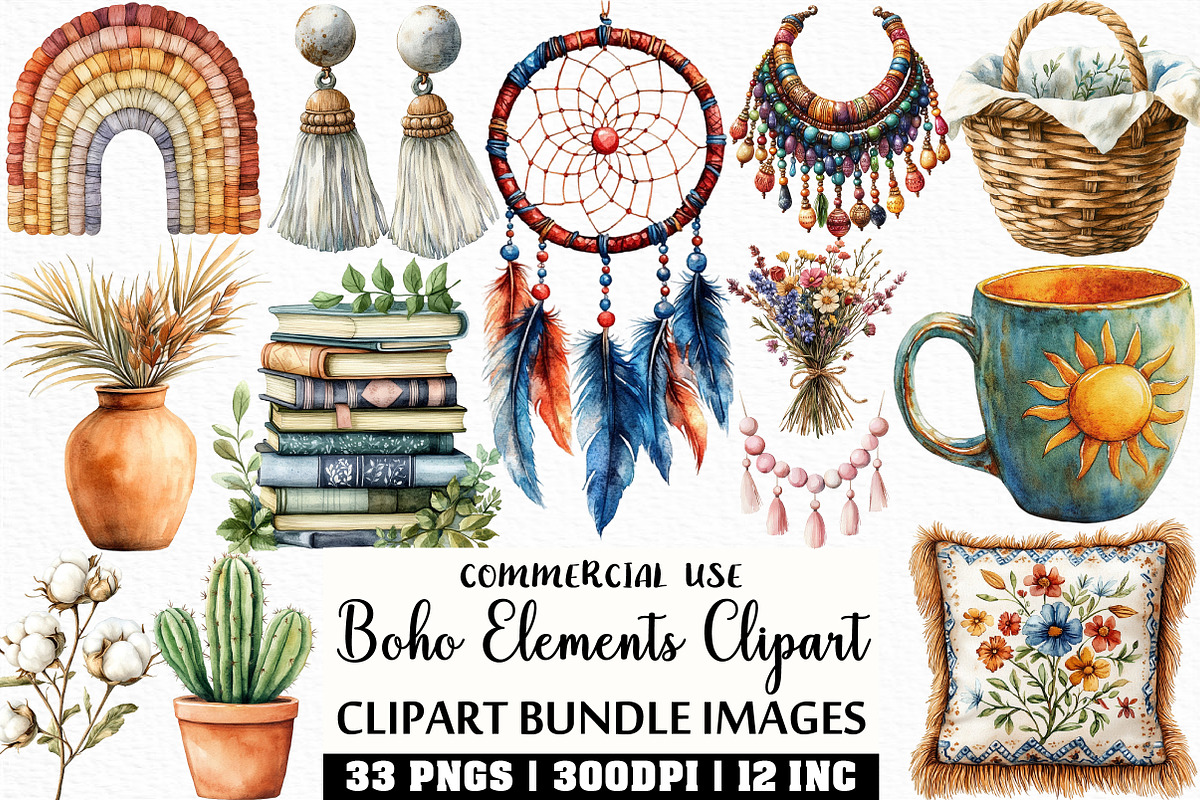 Watercolor Boho Elements Clipart, an Illustration by Craft Nest (Photo 1 of 6)