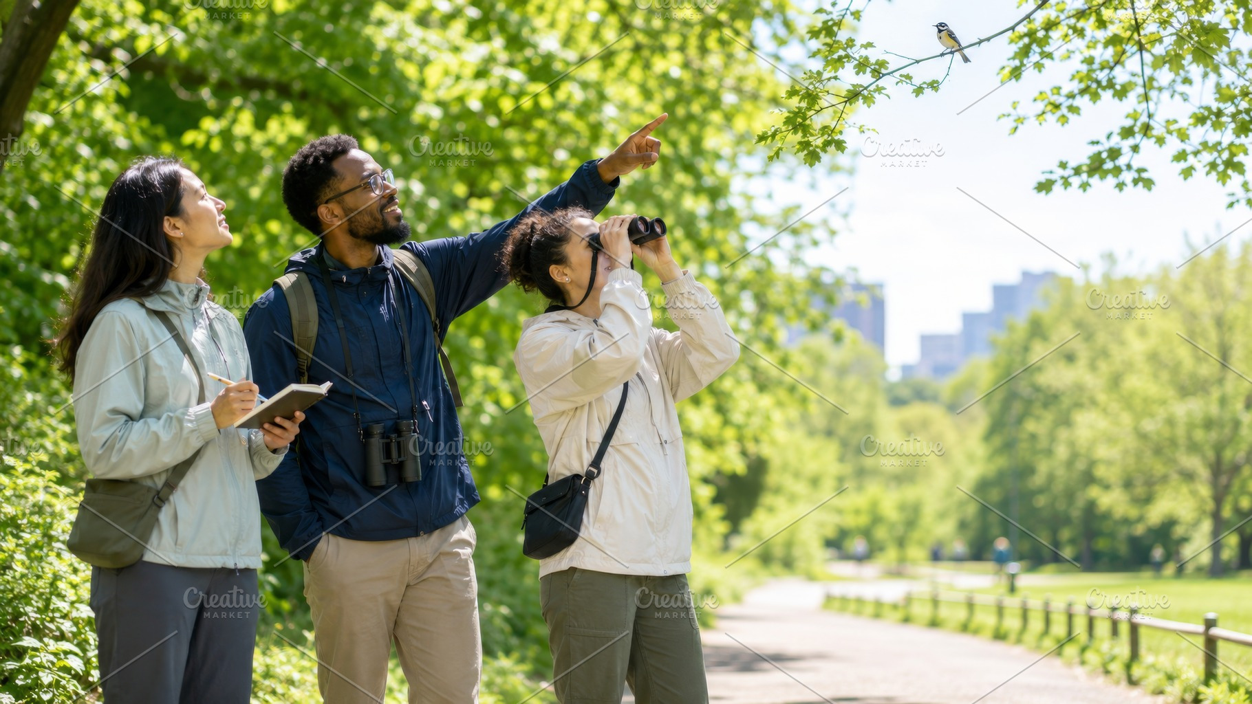 Birdwatching enthusiasts in lush gre, a Photo by Dvoevnore photos