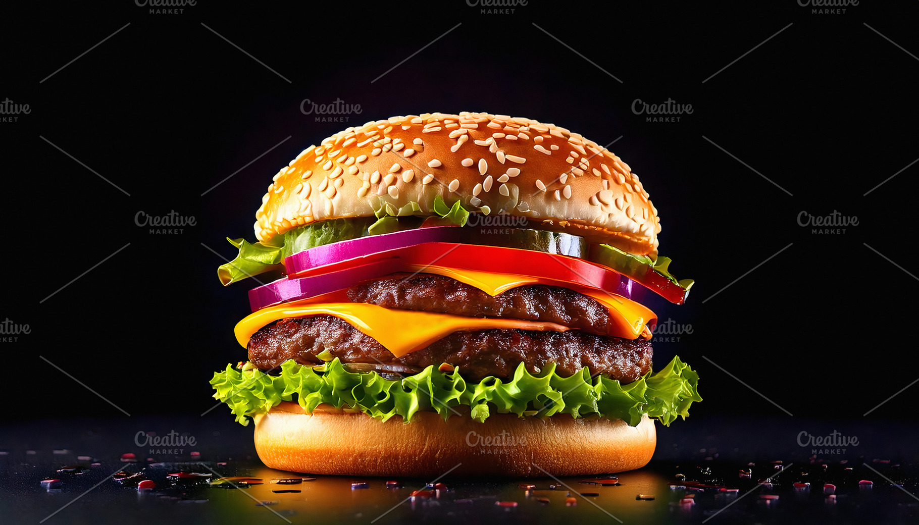 Classic hamburger with cheddar cheese and fresh vegetables, a Food & Drink Photo by GoodGoods