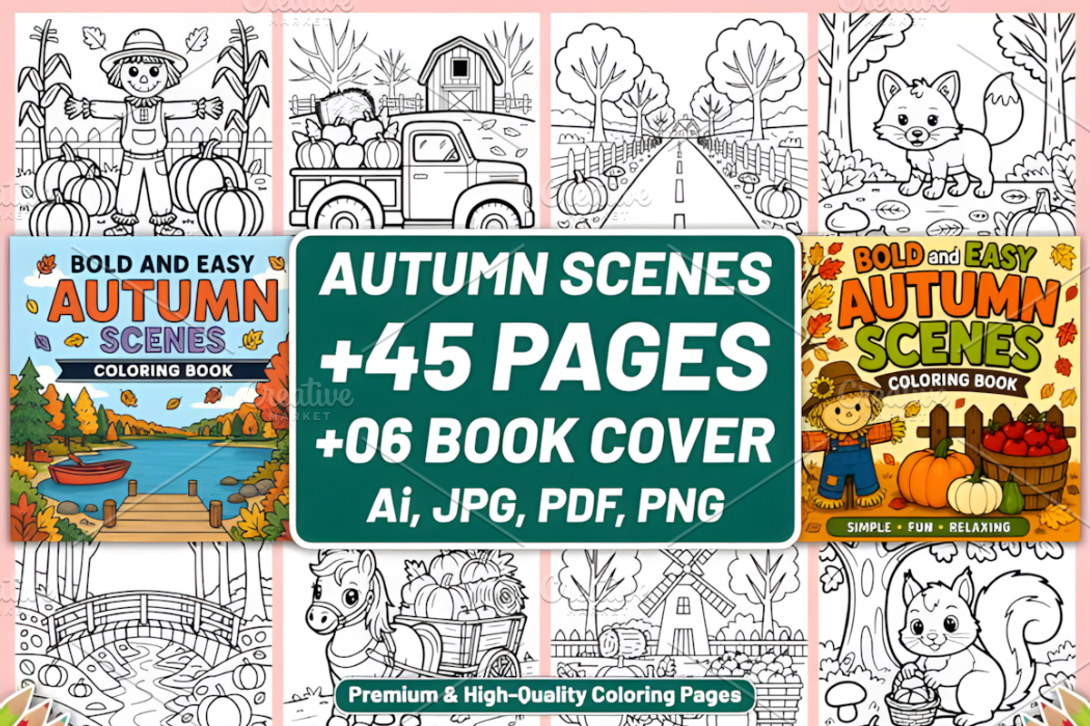 BOLD EASY AUTUMN SCENES COLORING, a Seasonal Illustration by Coco Bloom (Photo 1 of 3)