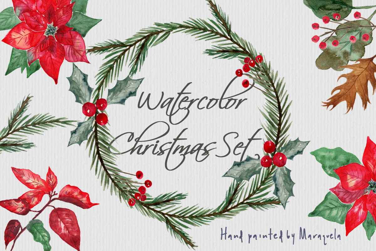 Watercolor Christmas Leaves Set, an Illustration by MaraquelaStudio (Photo 1 of 7)