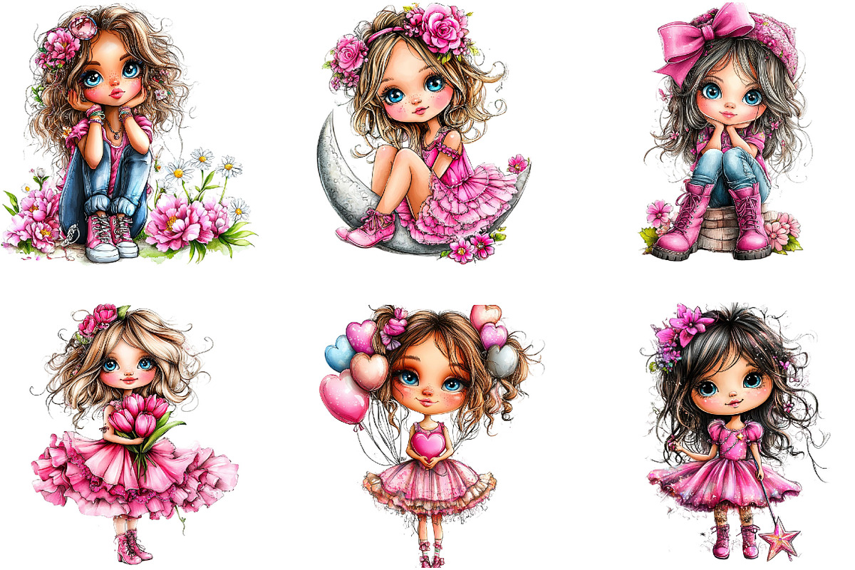 Cute Boho Pink Girl Clipart, a Seasonal Illustration by Designking (Photo 3 of 5)