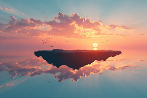 Floating island reflects sunset with colorful clouds and birds in the sky, a Photo by AlyaAnd