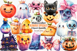 Watercolor Kawaii Spooky Clipart, an Illustration by Canvas Craft