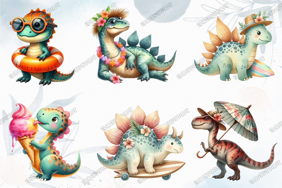 Summer Dinosaur Watercolor Clipart, a Graphic by designcity5 (Photo 2 of 5)