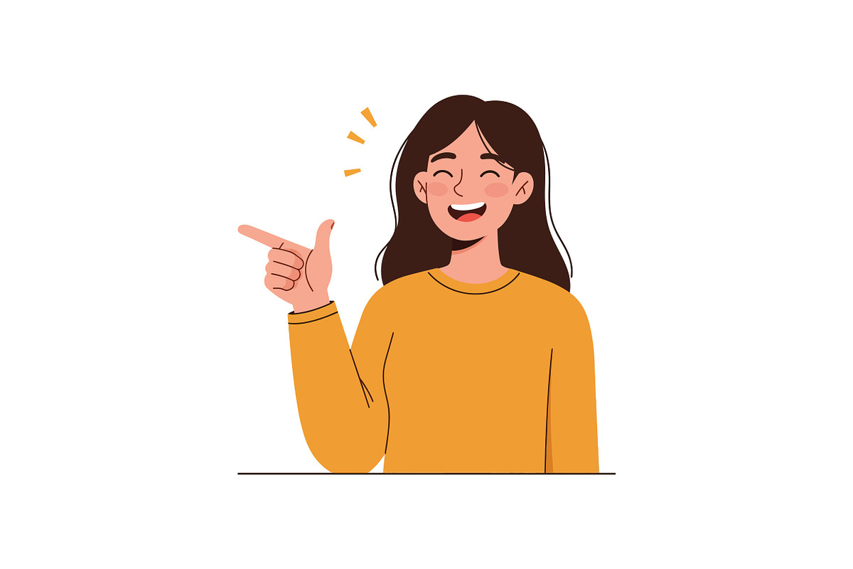 Happy woman with long hair pointing, an Illustration by designvectx