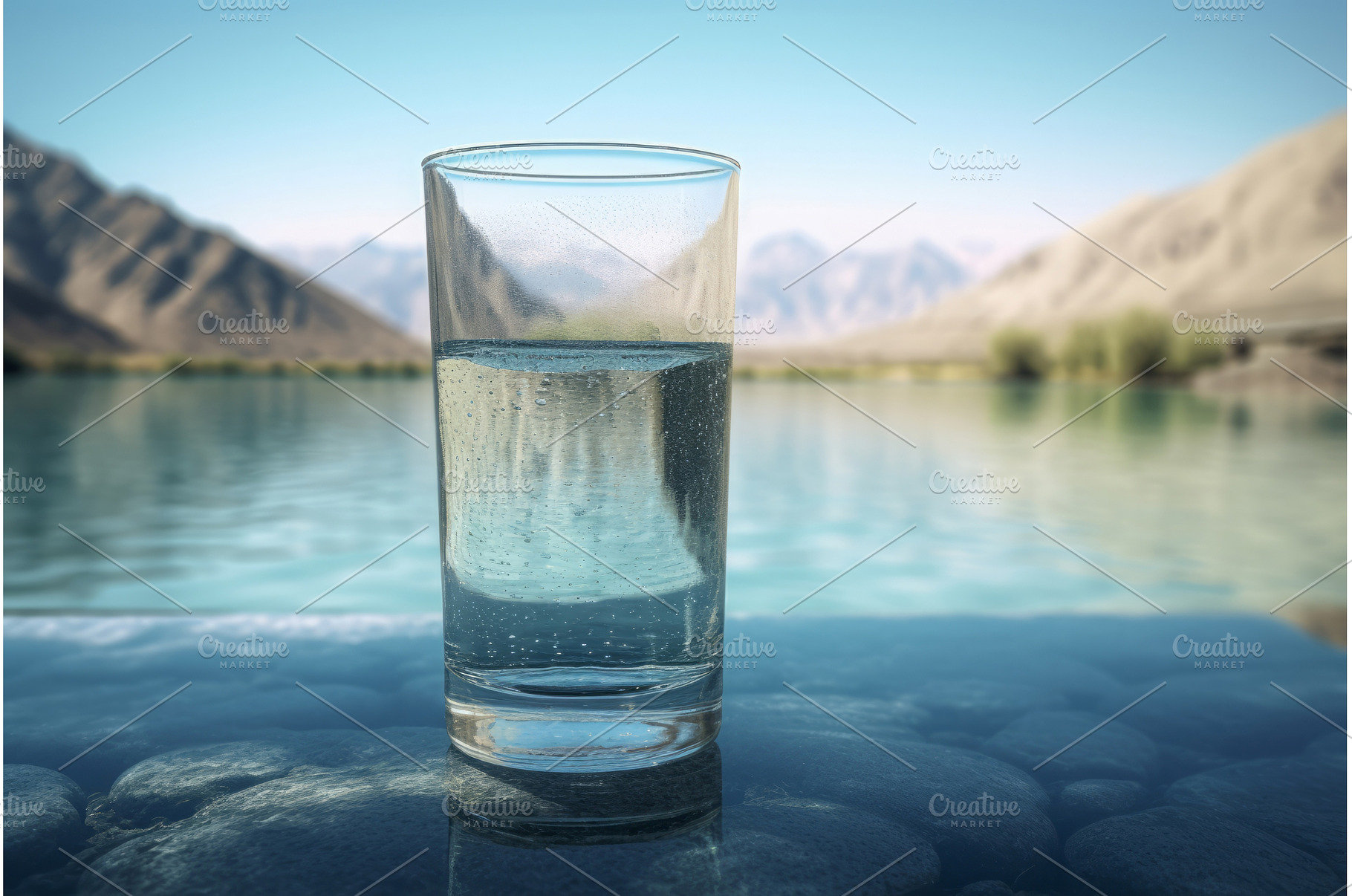 Glass of pure water on clear lake, a Food & Drink Photo by Ylivdesign
