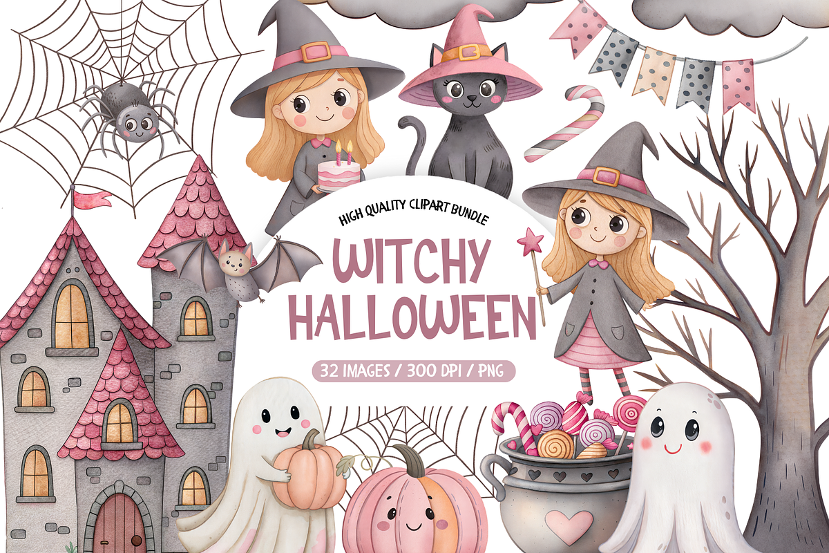 Witchy Halloween Clipart, an Illustration by TatiMockup (Photo 1 of 5)