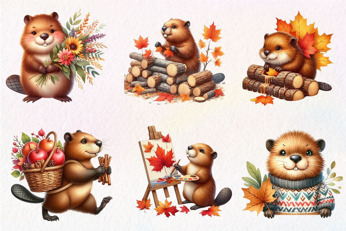 Watercolor Autumn Cute Beaver, an Illustration by CreationArt (Photo 9 of 9)
