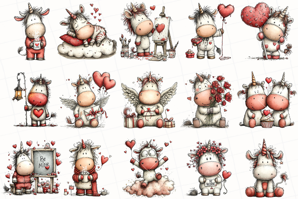 Whimsical Valentine Unicorn Clipart, an Illustration by OK Design (Photo 3 of 6)