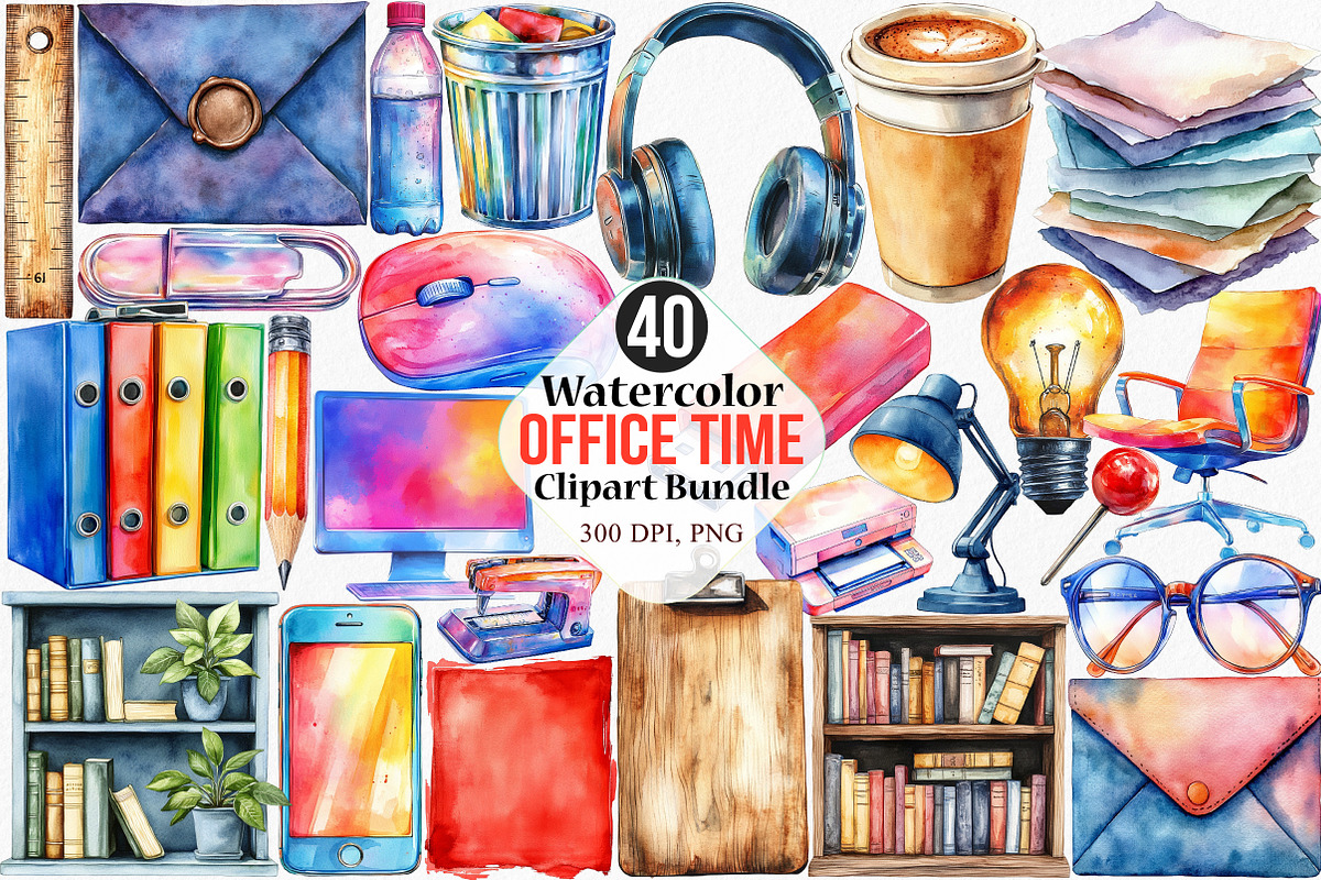 Watercolor Office Time Clipart, an Illustration by Canvas Craft (Photo 1 of 7)