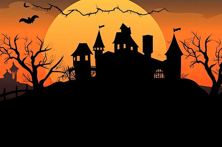 Orange halloween landscape with a haunted castle in the backgrou, a Holiday Photo by José Manuel Gelpi
