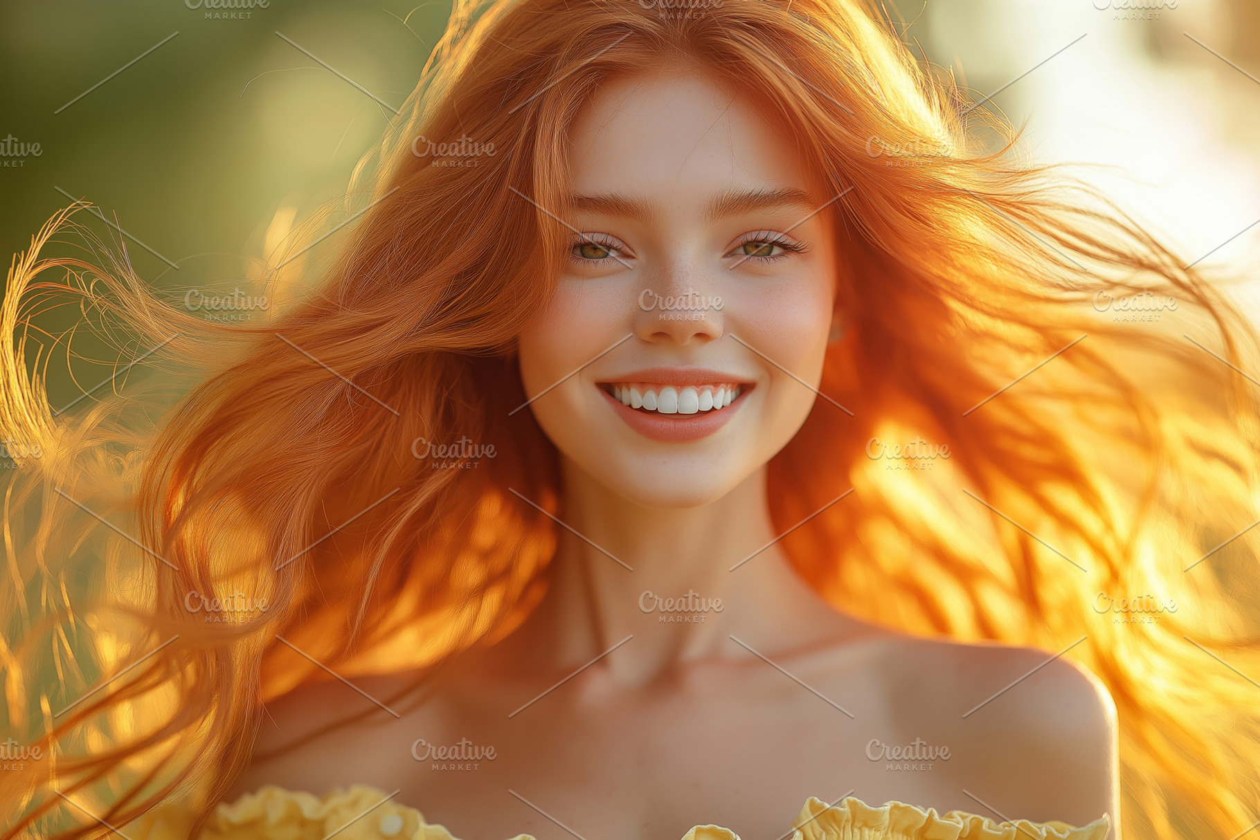 A joyful young woman with long, flowing red hair smiles radiantly in golden sun, a Person Photo by ImageMir