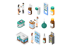 Isometric pharmacy set. Pharmacist, a Graphic by Valerie Bodnar