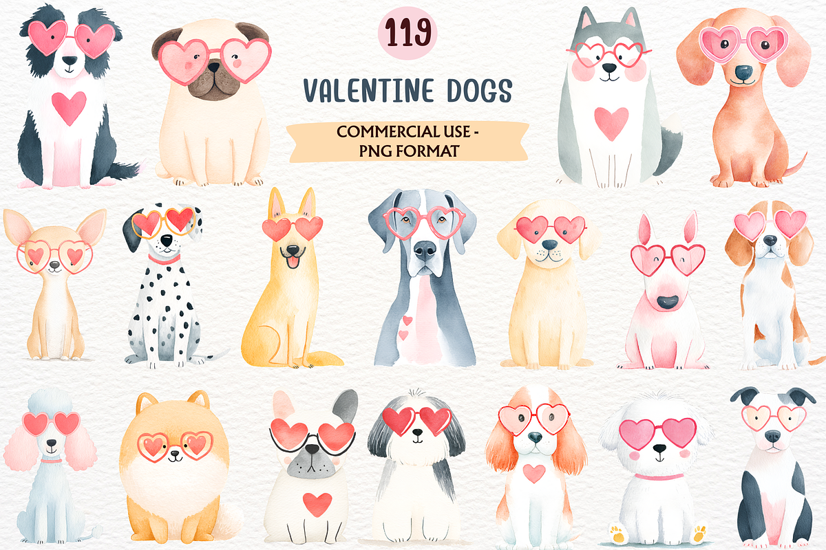 Valentine's Day Dogs Clipart PNG, an Animal Illustration by SugarCloudStudioArt (Photo 1 of 10)