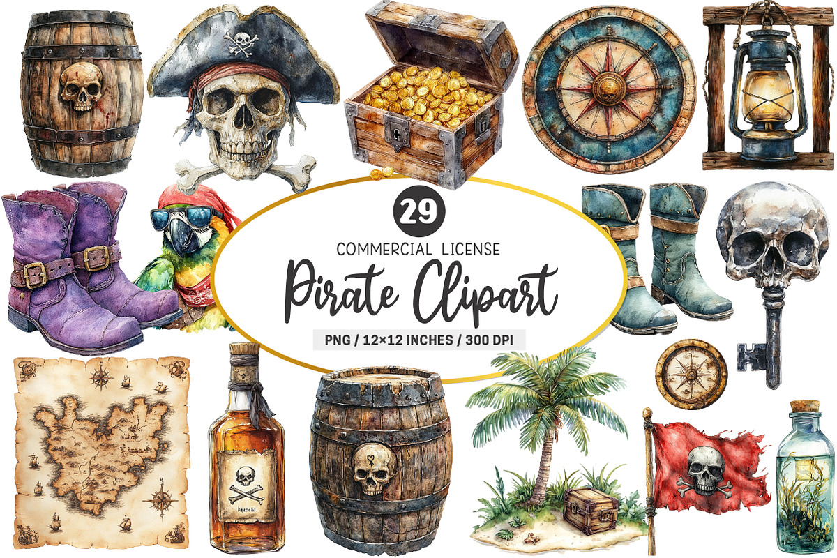 Watercolor Pirate Clipart Bundle, an Illustration by SinaCreation (Photo 1 of 5)