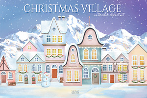 Watercololr Christmas Village