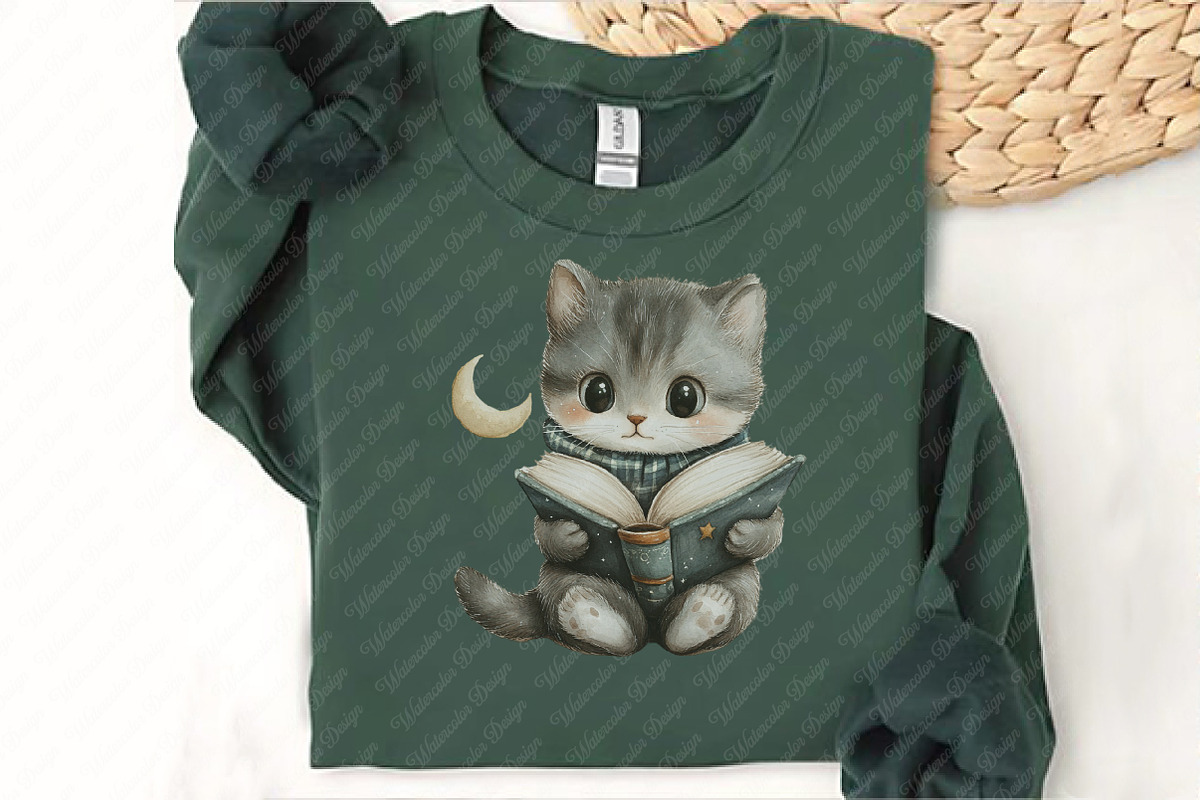 Cute Cat with Book Sublimation png, an Illustration by Watercolor design (Photo 11 of 11)