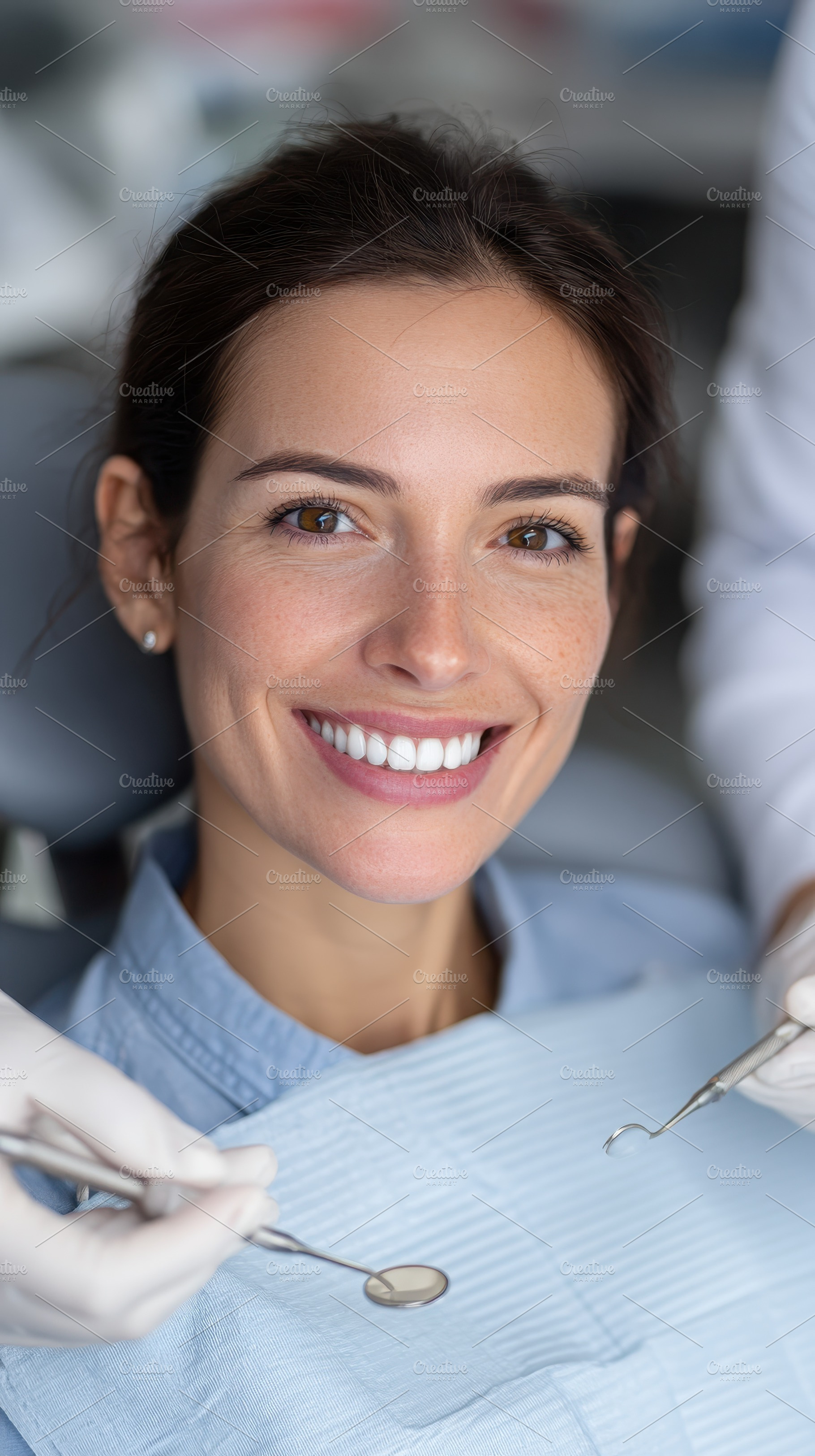 Woman smiling at dentist healthy tee, a Photo by Pixeness Studio