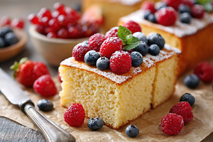 Fluffy sponge cake decorated with vibrant berries on a rustic table setting, a Food & Drink Photo by AlyaAnd