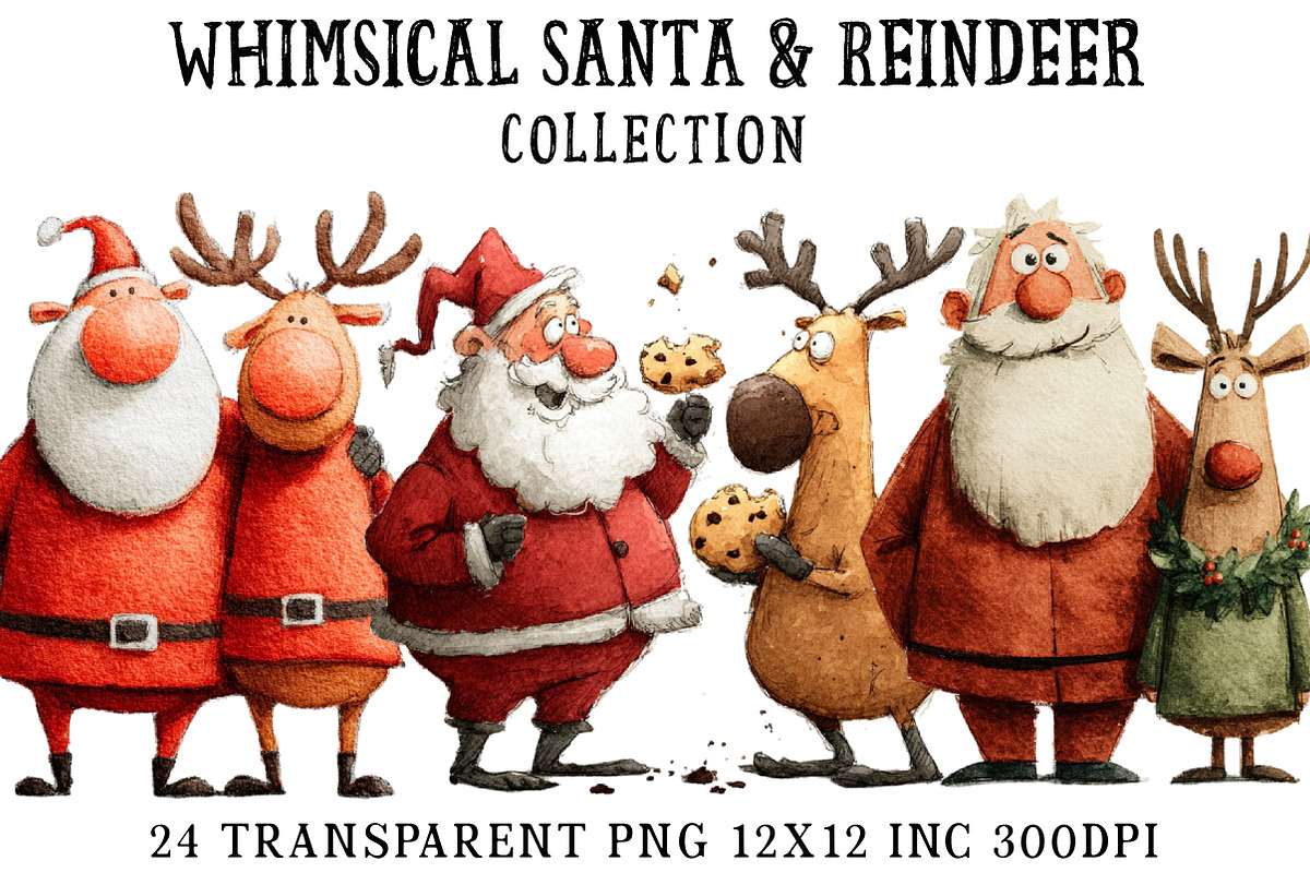 Whimsical Santa & Reindeer Clipart, an Illustration by OK Design (Photo 1 of 5)
