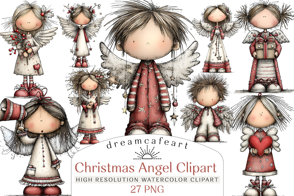 whimsical Christmas Angel Clipart, an Illustration by DreamCafeArt (Photo 1 of 5)
