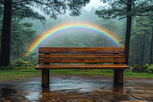 Beautiful rainbow and wooden bench in green forest, a Nature Photo by AlyaAnd