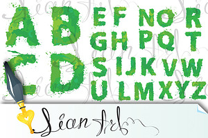 English Alphabet Of Green Watercolor