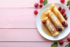 Delightful rolled pancakes with sweet syrup and fresh raspberries served on a p, a Food & Drink Photo by AlyaAnd