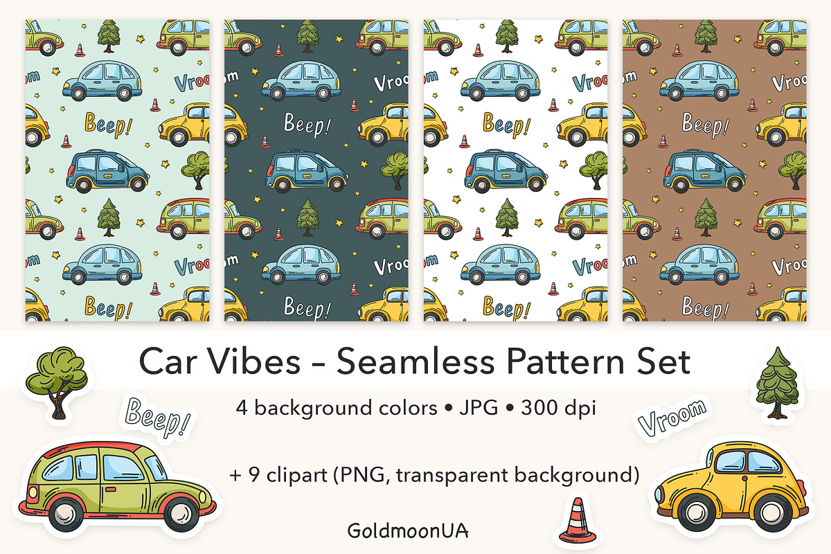 Car Vibes Patterns & Clipart, a Transportation Illustration by GoldmoonUA (Photo 1 of 5)