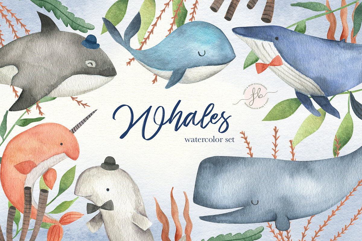 Whales Watercolor Clipart, a Texture Illustration by Flora+Bear (Photo 1 of 6)