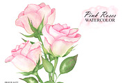 Watercolor pink roses and leaves, an Illustration by OlDm_Shop (Thumbnail 4 of 10)