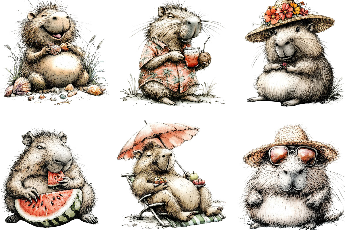 Whimsical Summer Capybara Clipart, an Illustration by Designking (Photo 3 of 3)
