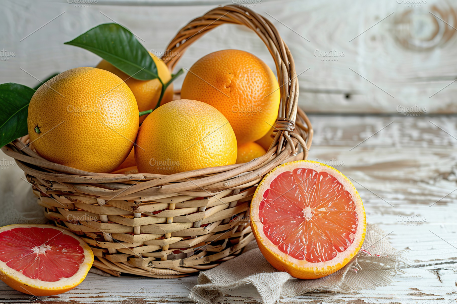 Fresh grapefruits in basket on wooden table, a Food & Drink Photo by AlyaAnd