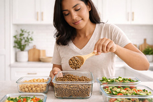 Woman preparing healthy meal with le, a Photo by Dvoevnore photos