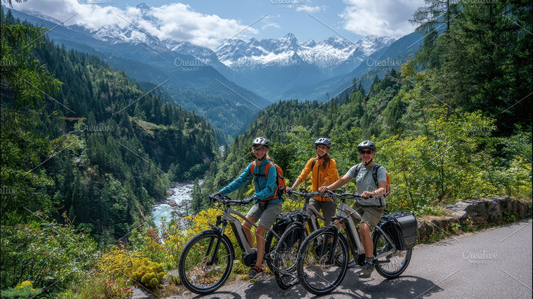 Three friends enjoying a picturesque, a Photo by Pavel_design