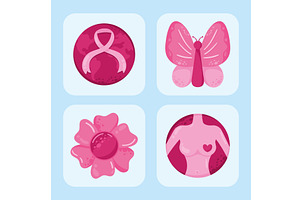 four breast cancer awareness icons, an Object Illustration by studiogstock