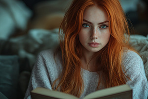 A young Caucasian woman with striking red hair is deeply engrossed in a book, s, a Person Photo by ImageMir