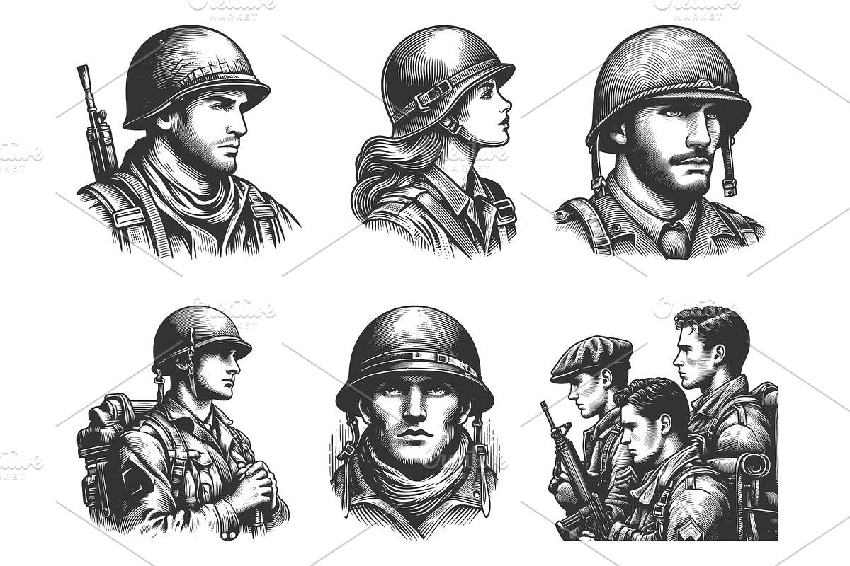 Soldier in Uniform engraving set, an Illustration by AlexArt