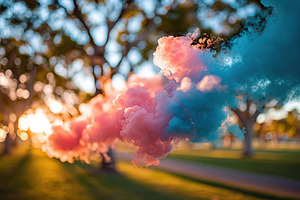 Colorful smoke trails create an artistic display in a park at sunset, a Photo by AlyaAnd