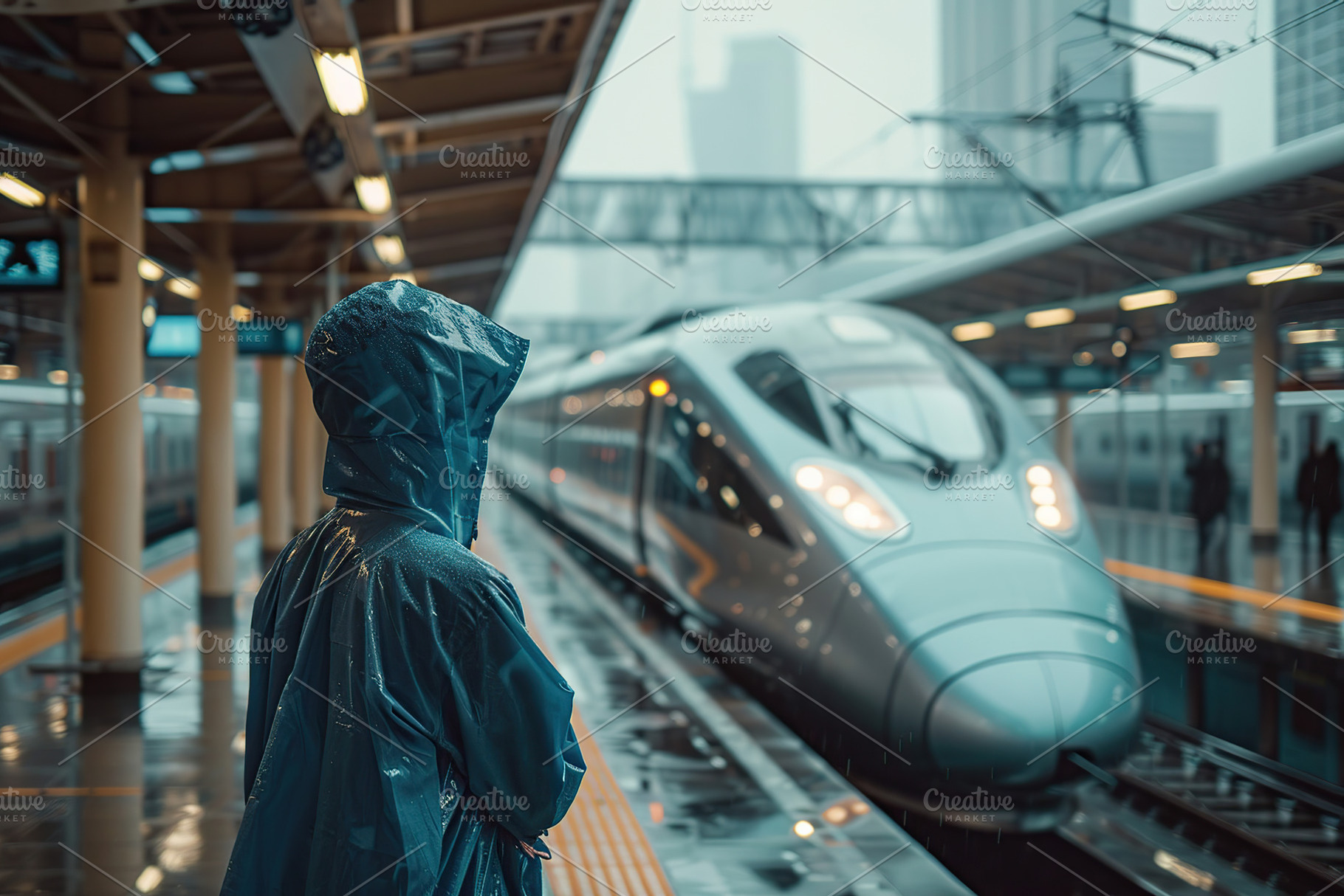 Human in raincoat standing at rail station platform waiting trai, a Transportation Photo by AlyaAnd