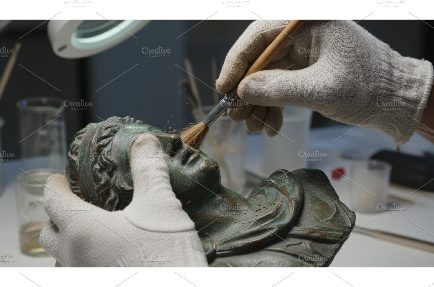 Gloved hands using a small brush to, an Arts & Entertainment Photo by Igor Tichonow
