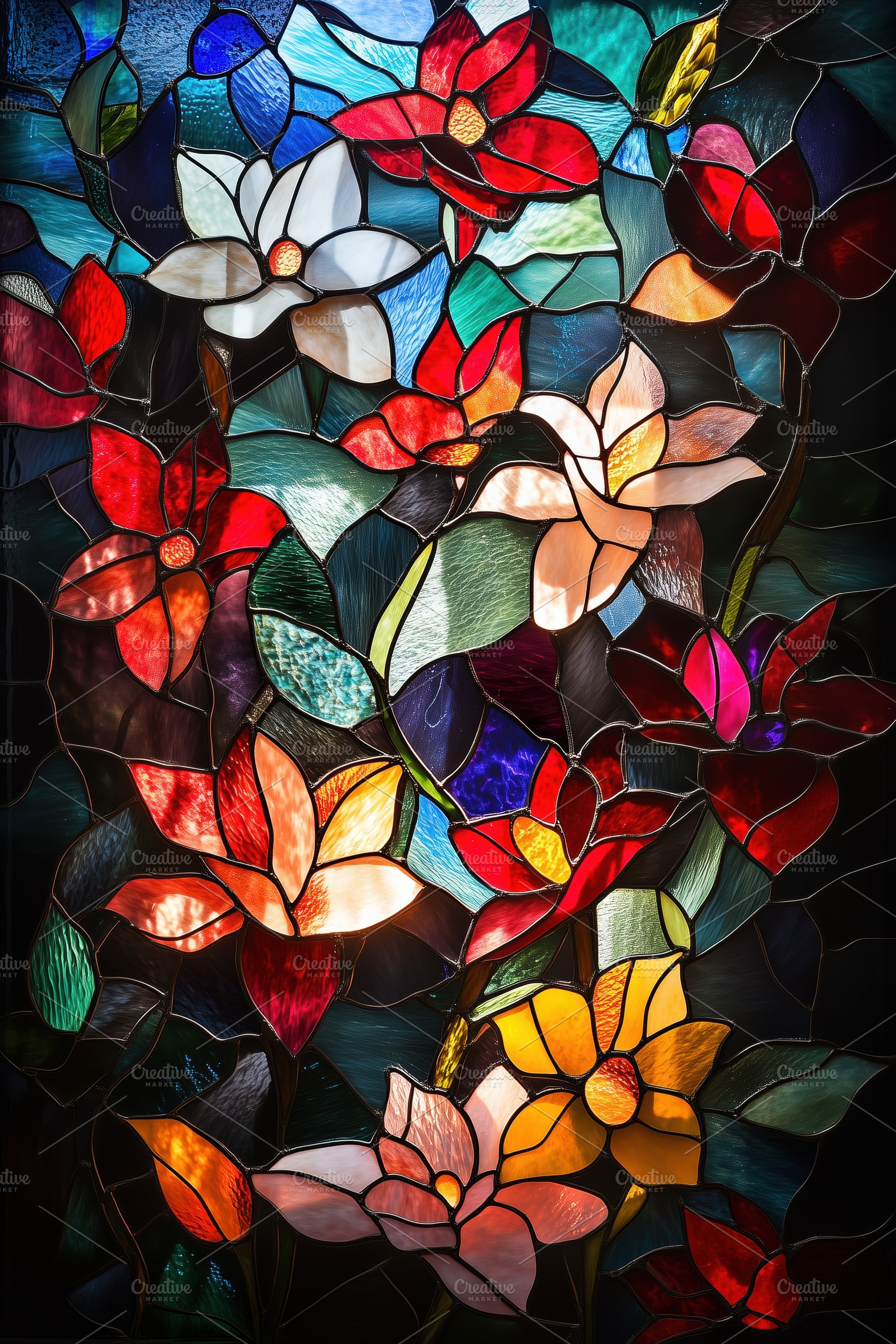 A vibrant stained glass window featuring an array of colorful flowers in variou, a Person Photo by Textures & Backgrounds