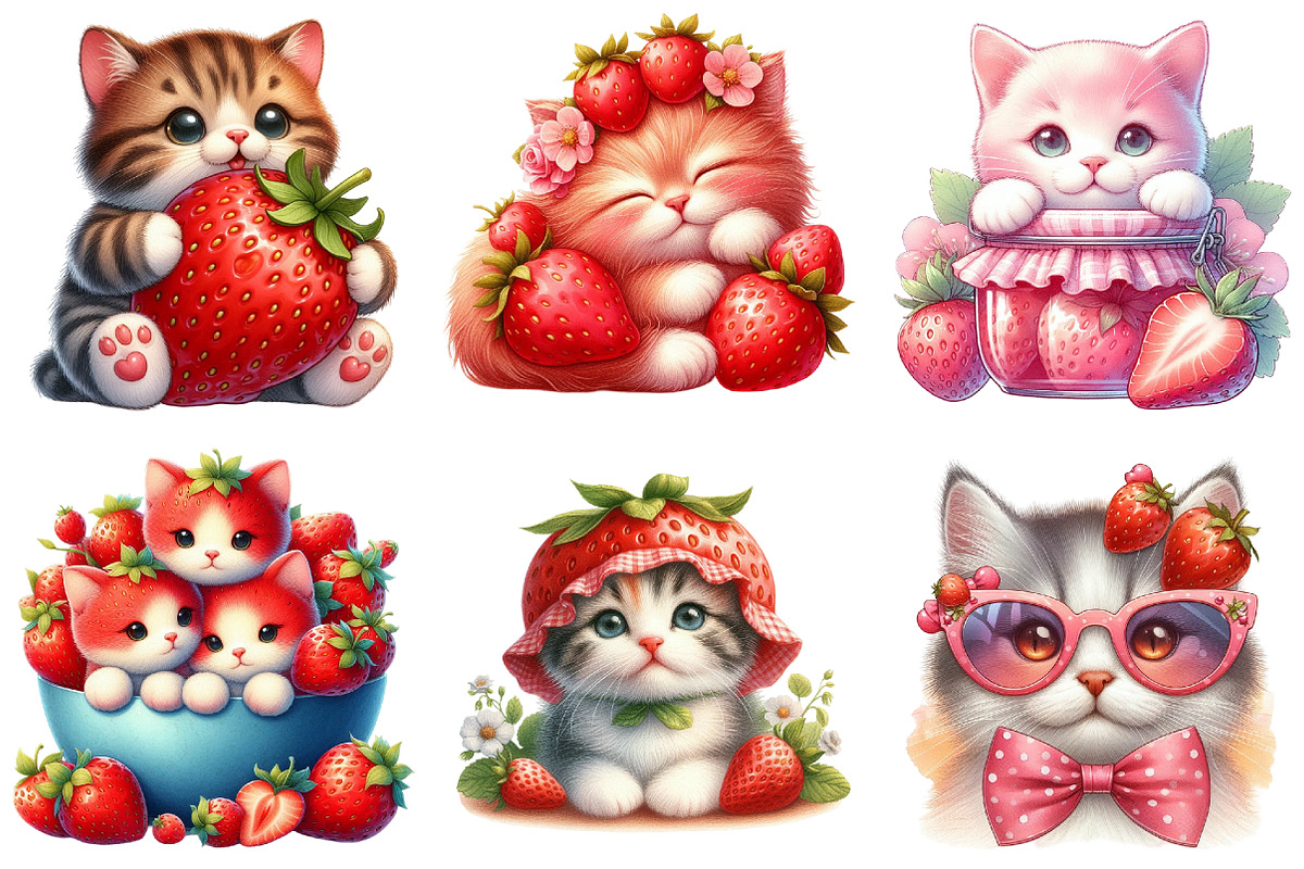 Strawberry Cat Clipart Sublimation, an Illustration by cherrydesign (Photo 2 of 3)