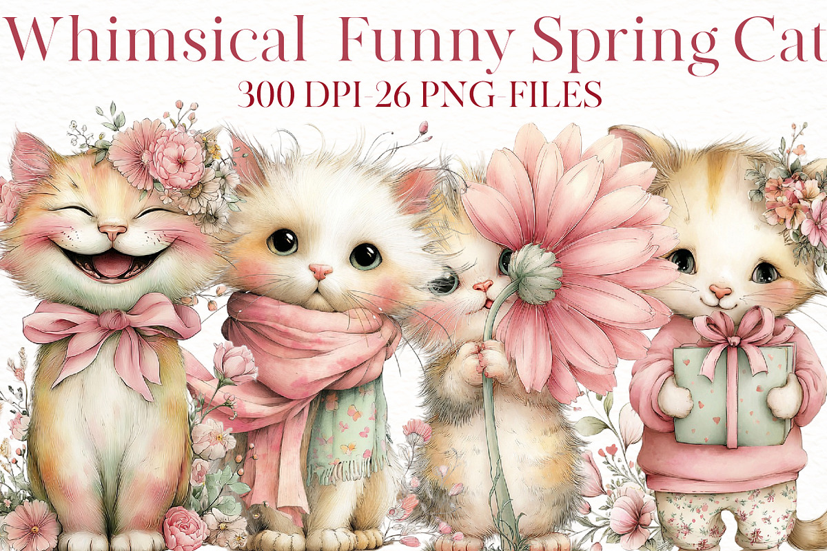 Whimsical Funny Spring Cat Clipart, an Illustration by Designworld (Photo 1 of 8)