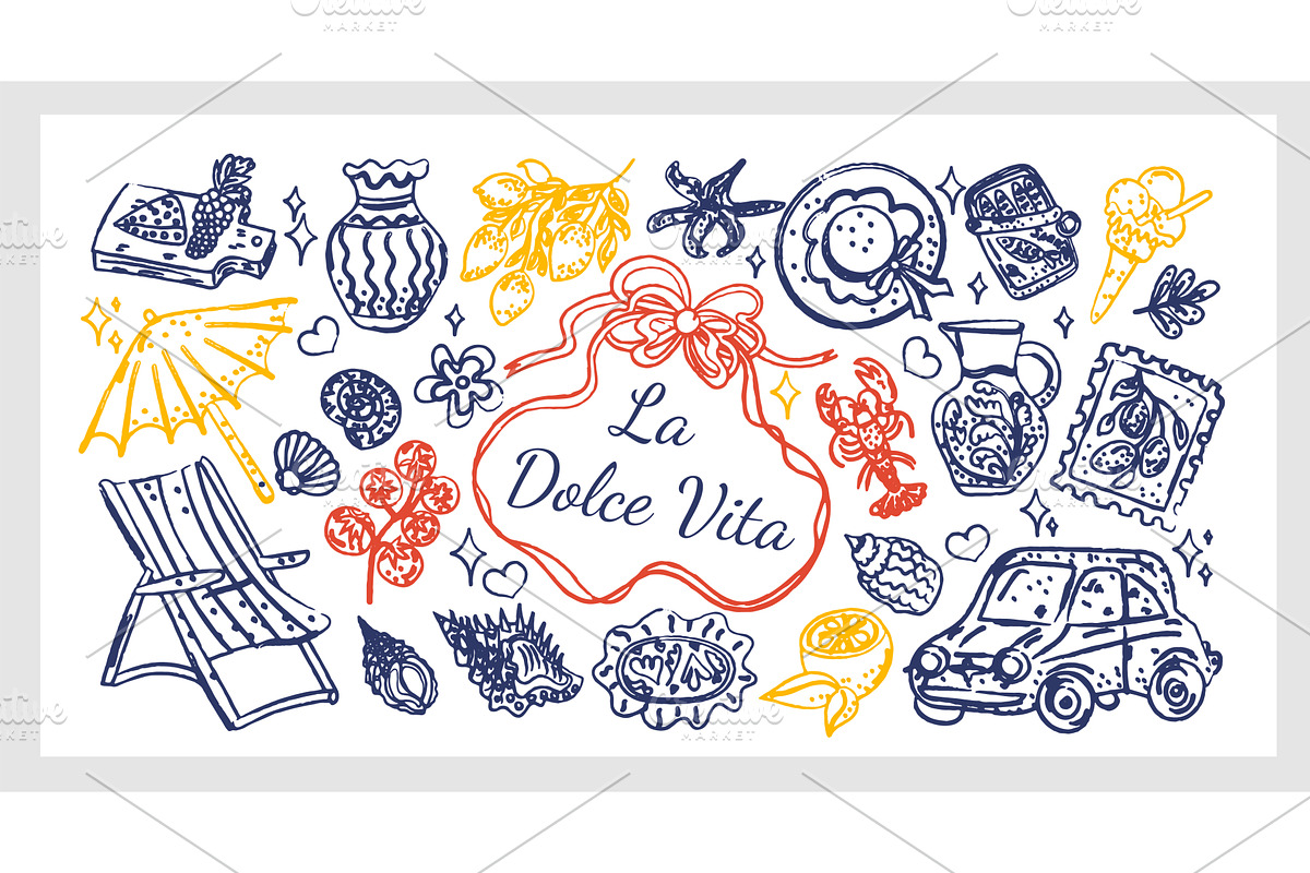 La Dolce Vita Set line art chalk and, an Object Illustration by Lucia Fox