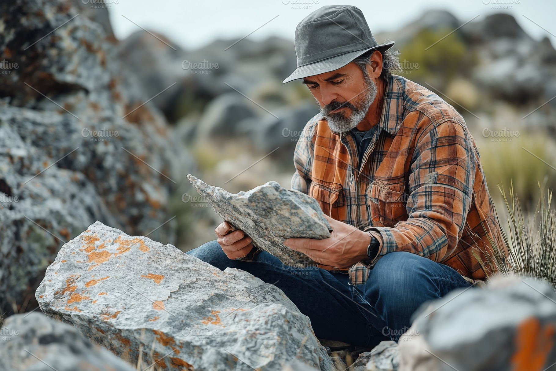 A lithologist man in a plaid shirt and hat examines a rock while sitting on the, a Person Photo by Textures & Backgrounds