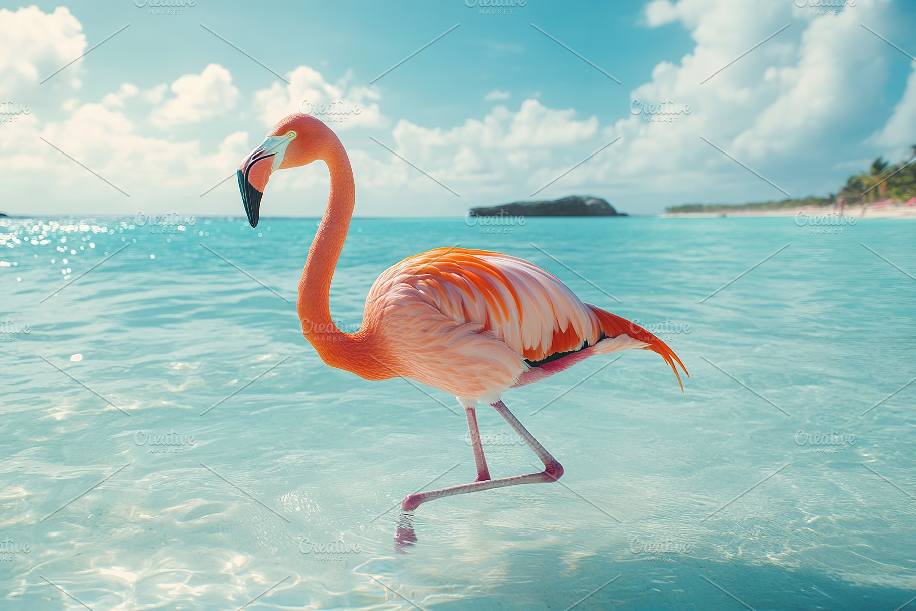 Flamingo standing in clear water with sunlights on blurred background, a Photo by AlyaAnd