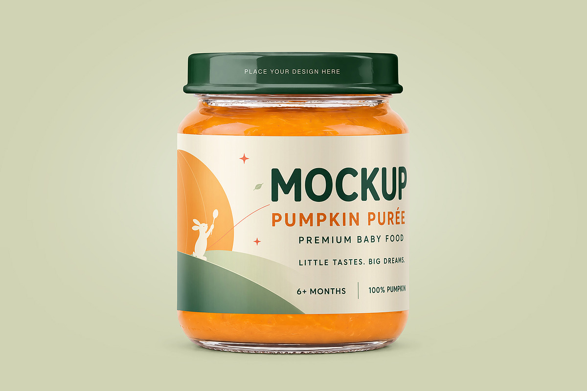Baby Food Pumpkin Puree Jar Mockup, a Packaging Mockup by Country4k (Photo 1 of 2)